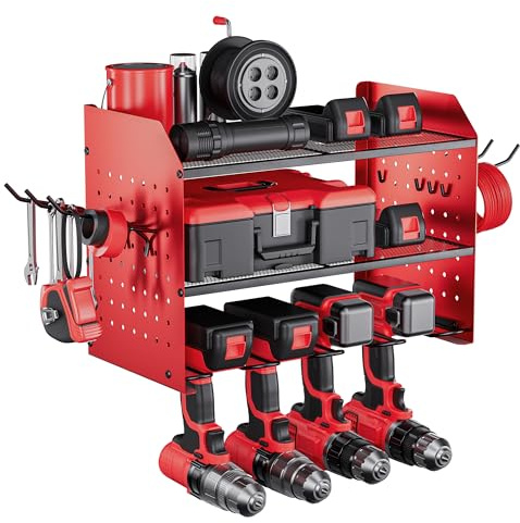 TRZZ Power Tool Organizer, 3-Tier Drill Holder Wall Mount with 2 Red Side Pegboards, Tool Organizers and Storage for Garage, Tool Room, Workshop, Gifts for Men, Dad, Father, Husband, Brother,