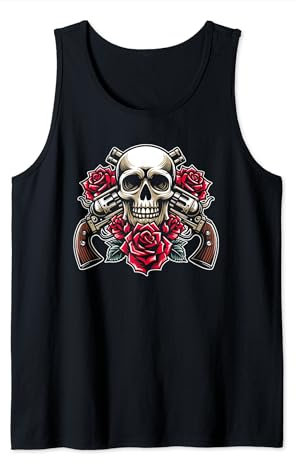 Guitar Skeleton 1980s - 80s Glam Rock Guns Skull Roses Tank Top