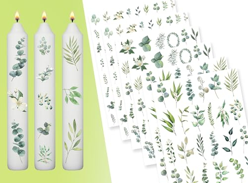 Sugeru® 6 X DIN A5 eukalyptus kerzenfolie(200+Muster), Kerzentattoo Wassertransferdruck | Wasserschiebefolie kerzen dekorieren| deko taufe eukalyptus | kommunion deko eukalyptus,tischdeko eukalyptus