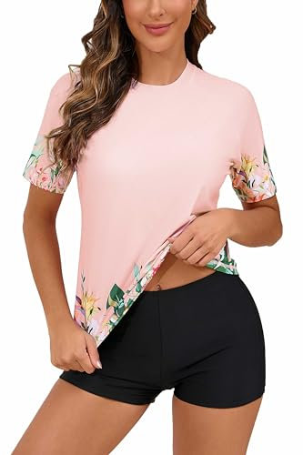 Halcurt Women's Built in Bra Rash Guard UPF 50 Two Piece Swimsuit Shirt and Board Shorts, Pink Floral Shrubs/ Padded Top, Medium