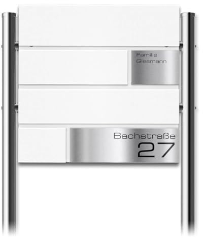 Metzler Standbriefkasten Modell G in Verkehrsweiß mit Edelstahl-Namensschild & Ständer - Pulverbeschichtung RAL 9016 Feinstruktur Matt - Gravur - Größe 37 x 37 x 10,5 cm - Höhe 120 cm