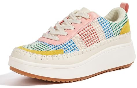 LUCKY STEP Baskets Tendance pour Femme - Chunky décontractées - Chaussures de Marche tressées rétro Scintillantes (Tricot Multicolore Rose/Jaune, 8US-38EU-5UK)