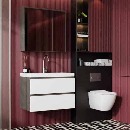 Badmöbel Set Beta 60 Weiß | Einbauwaschbecken | Unterschrank | Spiegelschrank | Softclose-Schubladen & unsichtbare Griffe | Retrostil | Badezimmer Möbelset Waschbeckenunterschrank Waschtisch