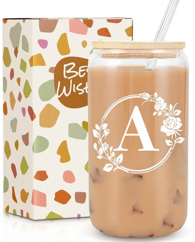 Gifts for Women, Birthday Gifts for Women, Personalised Monogrammed Gift, 16oz Initial Glass Cup with Lids Straws, Personalised Custom Cute Glass Cup for Mom, Teachers, Friends, Initial A