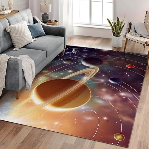 Waschbarer Weltraum Sonnensystem Planeten Teppich - rutschfest Kurzflor Flauschig Zusammenklappbar Schmutzabweisend- Teppich Für Wohnzimmer und Schlafzimmer Spielzimmer- 140cm x 200cm