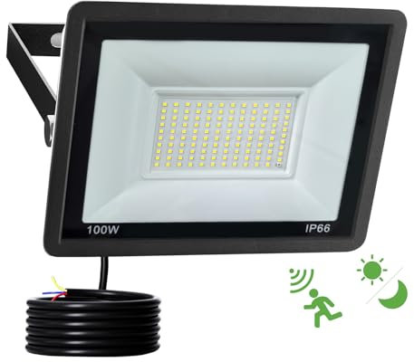 Fosingut Projecteur LED Extérieur Detecteur de Mouvement 100W,10000LM 6500K Spot LED Extérieur avec Capteur Radar et Crépusculaire,IP66 Étanche 120 LEDs Éclairage de Sécurité pour Jardin,Cour,Garage