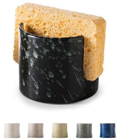 Zoeeker Sponge Holder for Kitchen, Ceramic Sink Caddy Scrub Sponge Rack Dish Rack Scrubbers Holder for Kitchen Sink, Bathroom, Black
