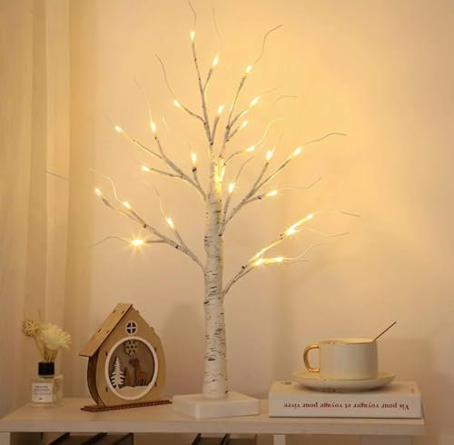 Aston White Trees with Lights, 2FT/60cm, 24 Warm White LEDs USB & Battery Operated Birch tree Desk Light Table Festive Tree Decoration for Easter Xmas Home Party Tabletop Wedding Bedside Lamp