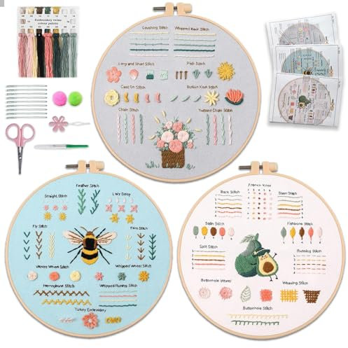 Aucuu Stickset für Anfänger, 3 Stück Sticken Set Erwachsene, Blumenmuster Pflanzen Sticken Set, Embroidery Starter Kits, Kreuzstich Set, Erwachsene Stickerei Set mit 1 Stickrahmen 9 Nadel 12 Stickgarn