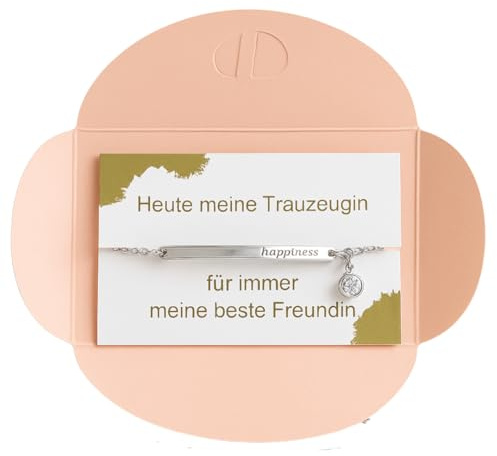 ONDEGO® Trauzeugin Armband mit Happiness Gravur, 19 cm + 4,5 cm Verlängerung, Silber oder Roségold-Plattiert, mit Kristallstein