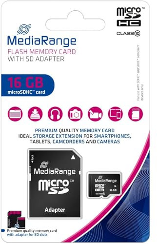 Carte SD - Carte Micro SDHC - 16 Go - Classe 10 - Livrée avec Adaptateur - Carte Mémoire Universelle Micro SD pour Smartphones, Tablettes, Drones, Appareils Photo, Caméras Sportives, GPS, Dashcams
