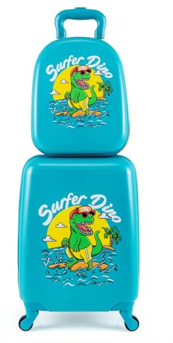 COSTWAY 2 teiliger Kinderkoffer+ Rucksack, 13” + 17” Kindertrolley, Kindergepäck mit höhenverstellbarer Griff, Kinder Reisekoffer Flugzeug, Hartschalenkoffer für Jungen & Mädchen (Dinosaurier)