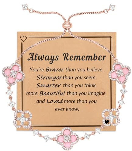 Qubitly Friendship Bracelet with Natural Shell, 18K 4 Leaf Clover Bracelet with Inspirational Card, Adjustable Pink Bracelets for Women Teen Girls Gift Birthday Gifts for Women