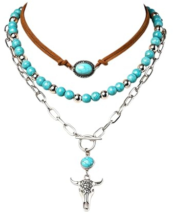 MILAKOO Western Halskette für Frauen Türkis Perlen Leder Choker Country Konzert Boho geschichteten Halskette