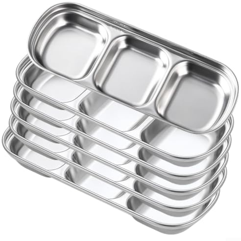 6 plats à sauce en acier inoxydable avec 3 compartiments, assiettes empilables pour barbecue, servir des sauces, des collations et des condiments