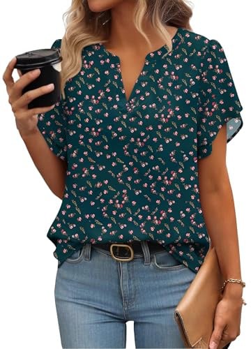 Zeagoo Womens Dressy Casual Shirts Short Sleeve V Neck Work Blouse Business Casual Summer Chiffon Tops