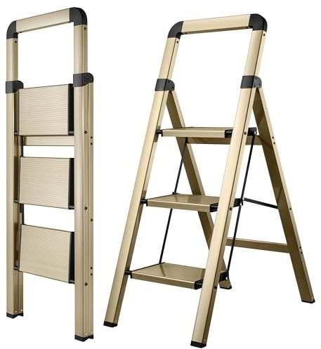BIBKOKE Step Ladder 3-Step Champagne Finish Aluminum Folding Ladders | Anti-slip Sturdy Foldable Ladder Step Stool for Kitchen Home Office Libaray