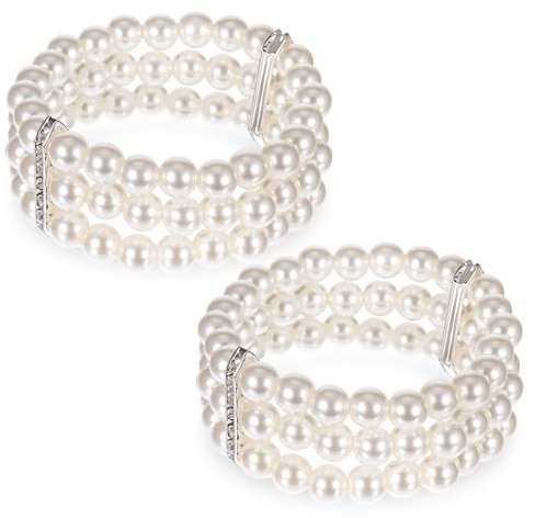 Aysatogc 2 Stück Perlenarmband Damen Weiß 1920er Armband Perlen | 3 Reihiges Stretch Perlenarmband für Frauen Party Abschlussball Hochzeit Festival Halloween