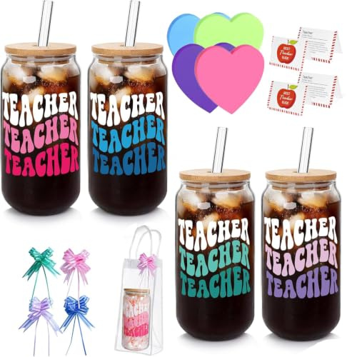Mason Life 4 Sets Teacher Gifts,180Z Teacher Gifts for Women, Thank You Teachers Gift Bulk Glass Cup with Lid and Straw Appreciation Present End of The Year Glass Cups Gift for Teachers