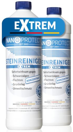 Nanoprotect 2 x1 kg Steinreiniger Extrem - Konzentrat gegen Schwarzalgen | Intensivreiniger gegen Flechten & Grünbelag | 50 m² | Steindusche für Terrasse, Pflasterstein, Beton, Fassade | Wirkt sofort