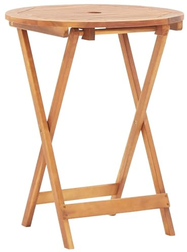 XHNIFBN Table de Jardin Pliable en Bois d'Acacia Massif, Table d'Extérieur Ronde 60 x 75 cm avec Trou de Parasol, Table de Bistro Gain de Place pour Balcon, Terrasse et Patio