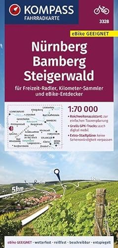 KOMPASS Fahrradkarte Nürnberg, Bamberg, Steigerwald 1:70.000, FK 3328: reiß- und wetterfest mit Extra Stadtplänen (KOMPASS-Fahrradkarten Deutschland, Band 3328)