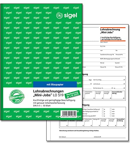 SIGEL LO519 Lohnabrechnungen für Mini-Jobs, für geringfügige / kurzfristige Beschäftigung, A5, 50 Blatt, mit Blaupapier