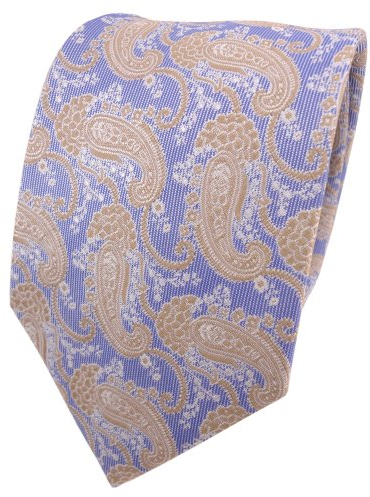 TigerTie Designer Krawatte in blau ocker gold silber weiß Paisley gemustert