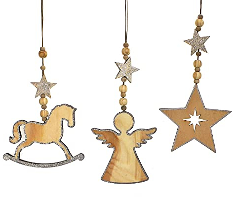 3X Deko Anhänger Engel Stern Schaukelpferd im Set je 24 cm, Holz Natur, Fensterdeko Dekokette Holzanhänger Winter Weihnachten