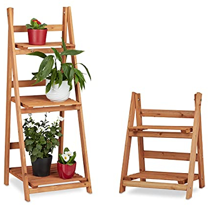 Relaxdays 2 TLG. Blumentreppen Set, Blumenständer für Innen, Mehrstöckig, Leiterregal, Pflanzentreppe, Pflanzenregal, Holz, braun