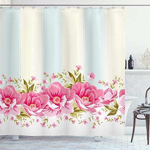 ABAKUHAUS Jahrgang Duschvorhang, Rosa Pfingstrosen-Border Tile, Stoffliches Gewebe Badezimmerdekorationsset mit Haken, 175 x 200 cm, Hellrosa Blassblau