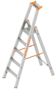 Layher Stufenstehleiter einseitig begehbar 5 Sprossen / 195 cm Länge TOPIC 1064 Stehleiter Leiter Stufenleiter Bauleiter Leiter ALU