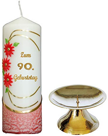 Meissner-Handel Auswahl * Jubiläumskerze/Geburtstagskerze ''Zum 90. Geburtstag'' * rot * mit farbigen Wachsauflagen * inkl. Kerzenständer aus Messing * (Motiv 021) Auswahl Motiv + Farbe