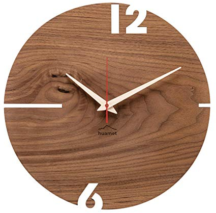 huamet Wanduhr Holz PUHR aus Nussholz, rund - einzigartiges Design, geräuschlos ohne Ticken - Qualitätsprodukt Made in Südtirol - CH10-B-00