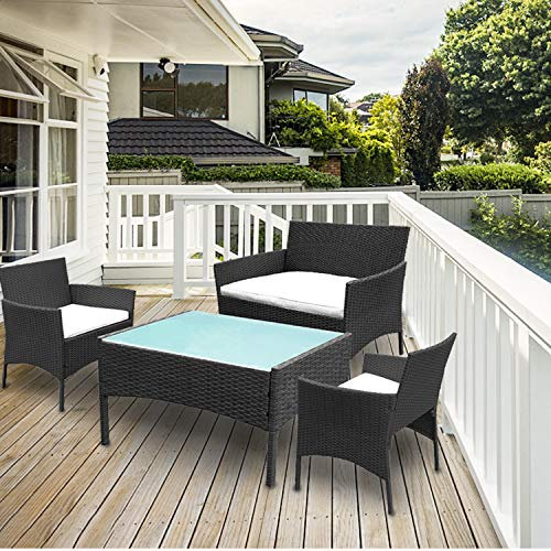 VINGO Balkon Möbel Set Poly Rattan Gartenmöbel inkl. 2er Sofa, Singlestühle, Tisch und Sitzkissen Hochwertige Sitzgruppe Schwarz für Garten Terrasse