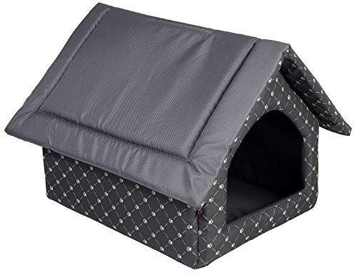 Elegant Hundehöhle, Hundehütte | Größe XL: 44 x 55 x 43 cm | Farbe: Schwarz - Muster: Pfoten | Hundehaus für mittlere und Große Hunde | Katzenhaus, Katzenhöhle