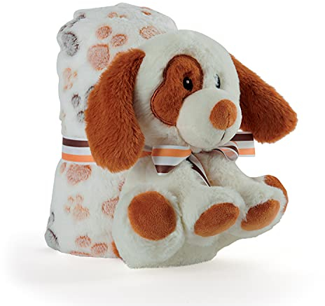 Kuscheldecke Baby Jungen Mädchen mit Kuscheltier Hündchen - Babydecke Weiß Kleinkind ab 0+ Monaten mit Plusch Spielzeug - Pluschtier Supersoft Weich mit Decke Kinder 1 2 3 Jahre - 120x80 cm (Hund)