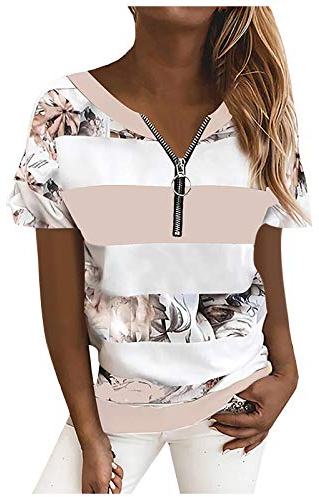 T-Shirt Damen Sommer Oberteile Kurzarm Tee Tops T-Shirt Bluse Pullover Frauen gestreifte Leoparden Nähte Reißverschluss Kurzarm Tops (XXL,2rosa)