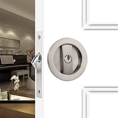 CCJH Poignée de porte coulissante invisible en bois avec serrure et clés (argent, diamètre 7,5 cm)