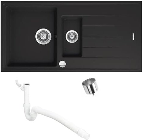 Kit complet d'évier en granit noir 100 x 50 cm avec foret diamant et siphon tubulaire