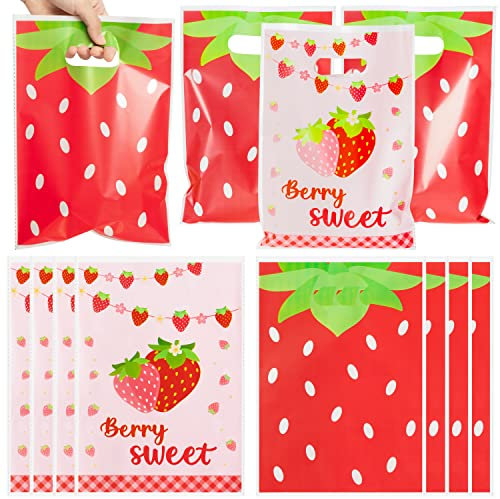 ArianQicult Bolsa de recuerdos de fiesta de fresa – 50 bolsas de regalo de dulces de fresa roja y rosa con temática de bayas de verano para niños, suministros de decoración para cumpleaños y boda