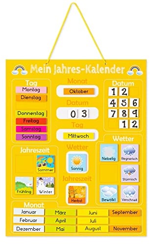 Navaris Kalender Tafel für Kinder - Lerntafel Jahreszeiten Uhr - Magnet Spiel Lernuhr - Kinderkalender Jahreskalender - magnetisch - gelb - deutsch