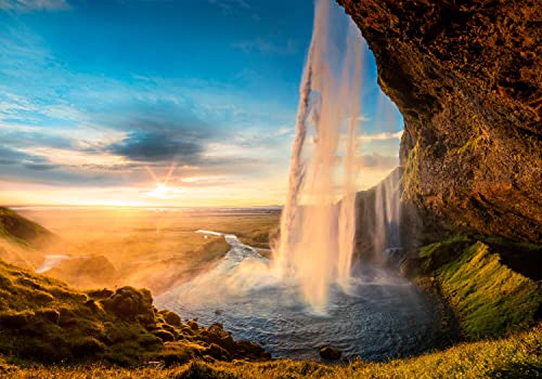 decomonkey Fototapete Wasserfall 350x256 cm Design Tapete XXL Fototapeten Vlies Tapeten Vliestapete Wandtapete moderne Wand Schlafzimmer Wohnzimmer Natur Landschaft Sonnenuntergang Berge Sonne Blau
