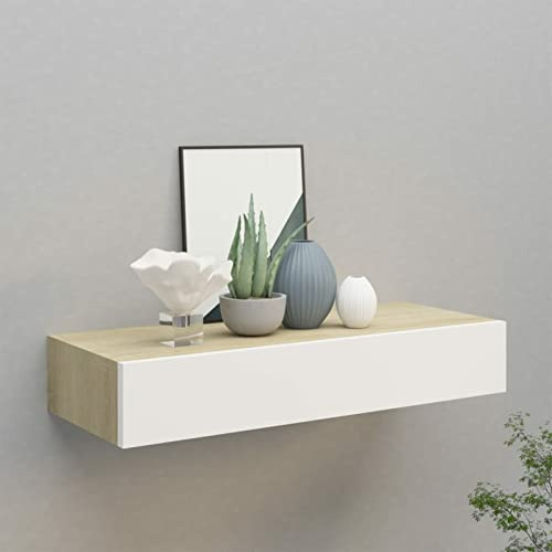 Estantería Flotante con Cajón, 60x23.5x10 cm, MDF y Metal, Capacidad 10 kg, para Salón, Dormitorio, Cocina, Color Roble y Blanco