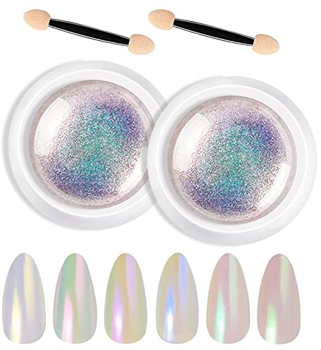 2 Boîtes Effet Sirène Ongle, Poudre Perles Chromées et Coquillages Blancs, Pigments Chrome Magiques Avec Paillettes pour La Décoration Du Design Des Ongles