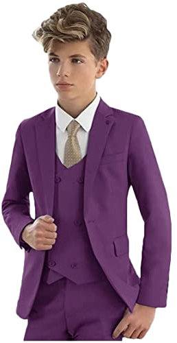 Vestito elegante per bambini, 3 pezzi, con giacca con revers a lancia, gilet e pantaloni, smoking da bambino, per matrimoni e feste, Viola, 12 Anni