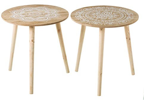 LOLAhome Set de 2 mesas auxiliares con Mandala de Madera Blanco y Natural de Ø 40x42 cm