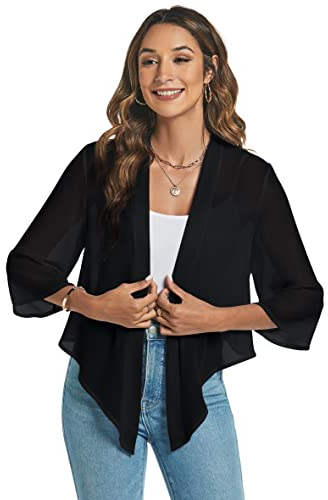 Famrrifuu Coprispalle Donna Elegante Leggero Estivo Cardigan Corta Maniche 3/4 Chiffon Casual Bolero Giacca Coprispalle Corto,Nero,XXL