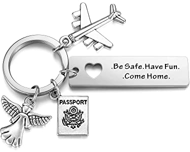AllerPierce Glücksbringer Schlüsselanhänger mit Gravur - Be Safe. Have Fun. Come Home. mit Schutzengel Passport Plane Anhänger Reise Valentinstag Geschenke für Reisende Freundin Freund