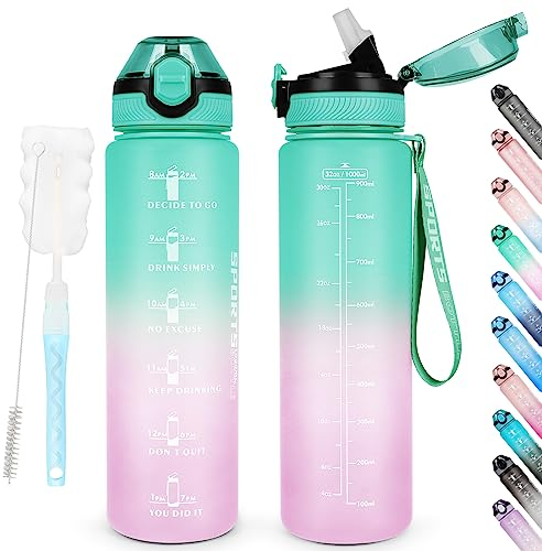 AOHAN Water Bottles 1L BPA Free Sport Drinking Bottle with Straw, Dishwasher Safe Lock Cover Leakproof Motivational Water Bottle with Time Markings, Non-Toxic Canteen Bottle (Green Purple)
